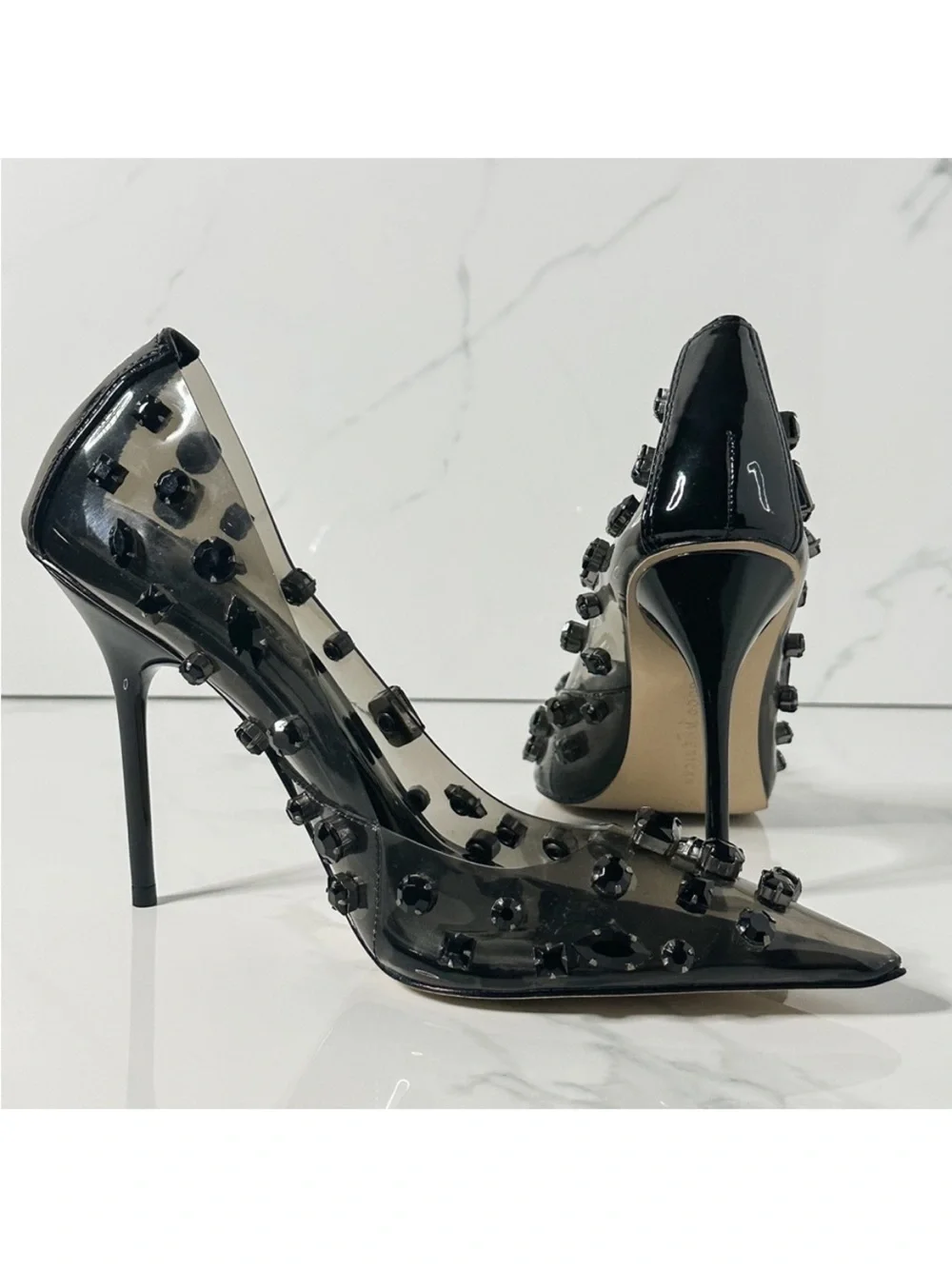Good American Black Diamond Forever Stiletto Jeweled Emma Heels Size 9.5 chic